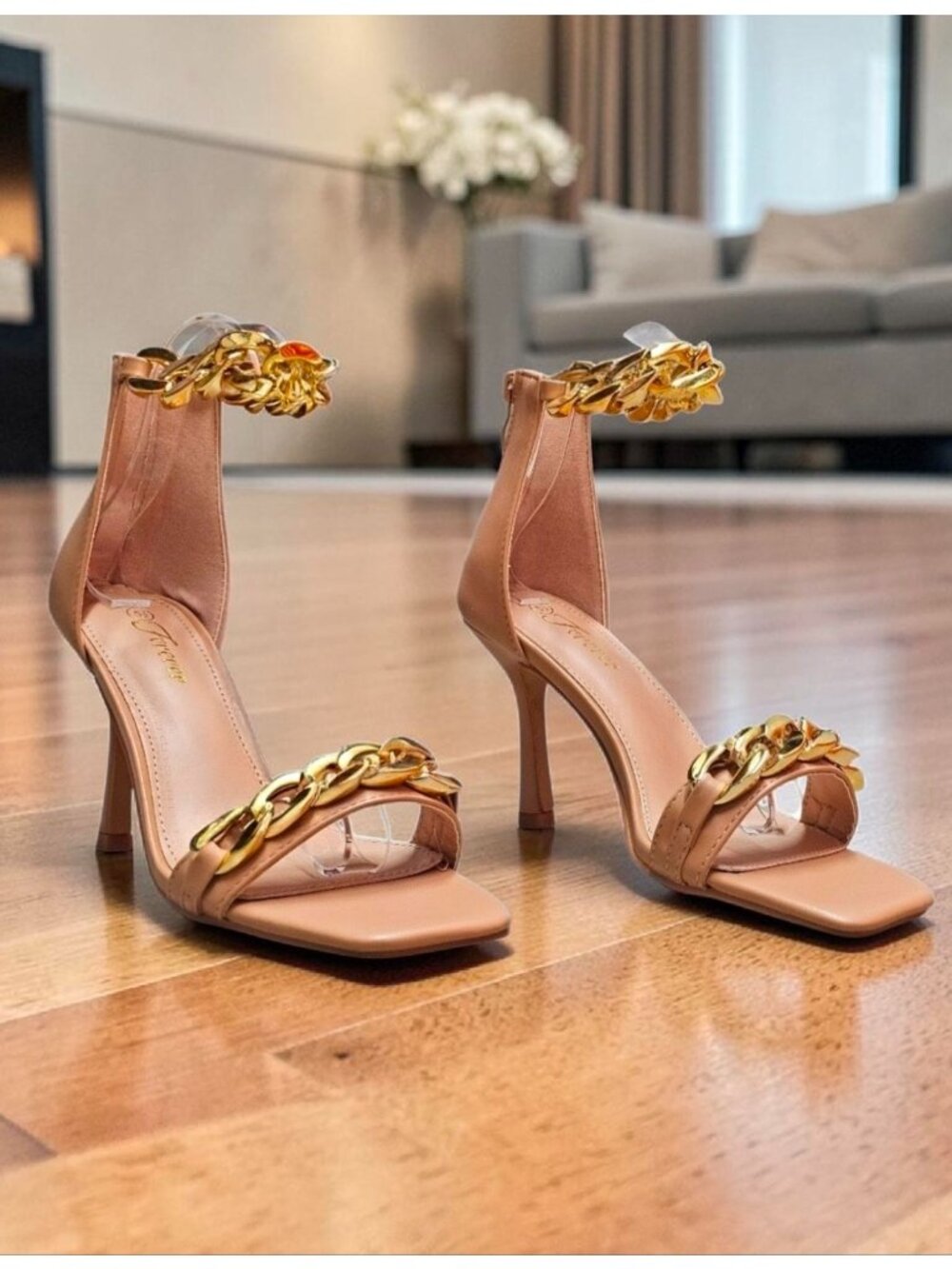 Gold Chain Embellished Nude Stiletto Heels With Ankle Strap - Sleek & Elegant Op - Picture 7 of 14